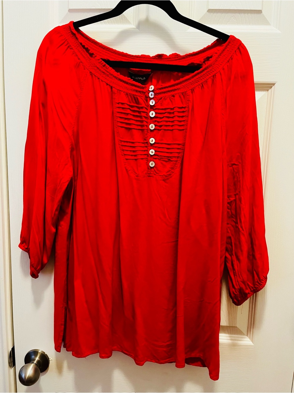 Multiples Red Women's Peasant Tunic with Button Placket